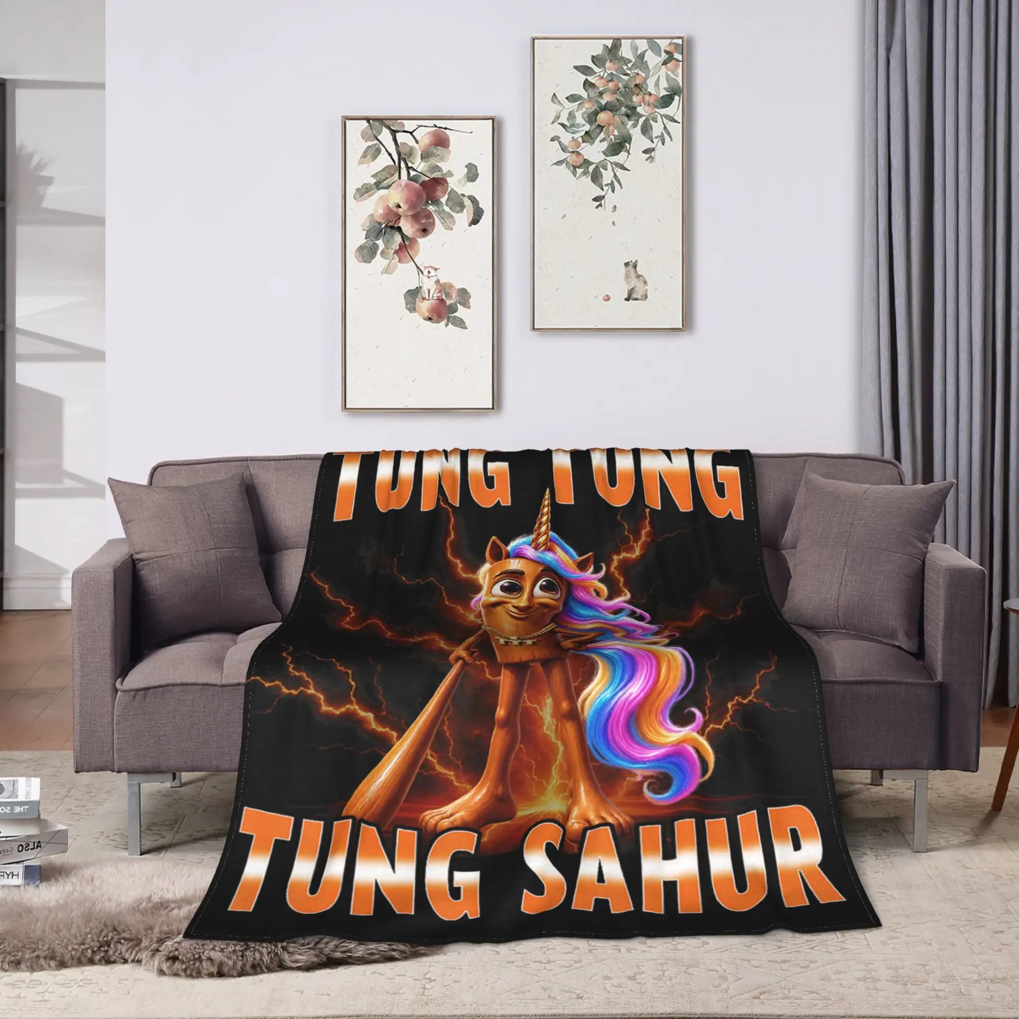 Funny Tung Tung Sahur Unicorn Rainbow Hair Lightning Blanket Adults Flannel Throw Blanket For Home Decor Cozy Quality Bedspread