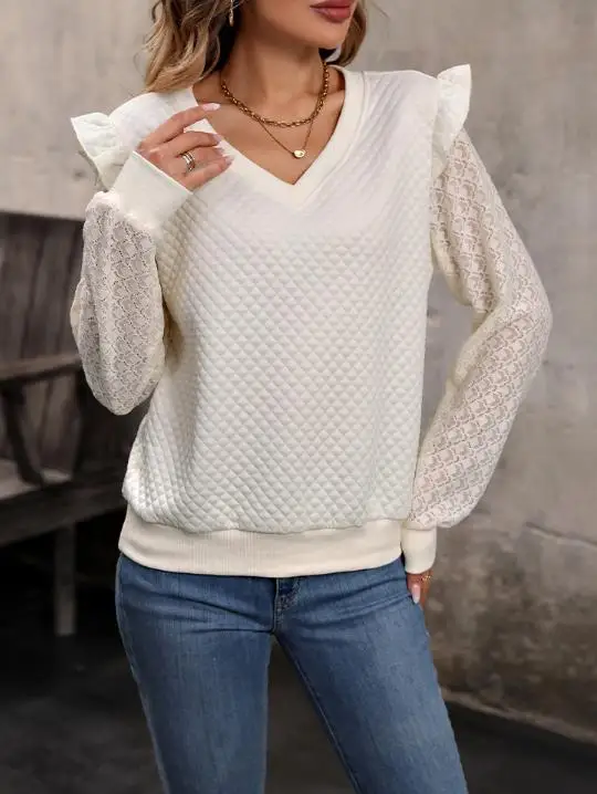 

Осенний однотонный женский однотонный топ с v-образным вырезом и рюшами, полые кружевные рукава в стиле пэчворк, повседневный топ с длинными рукавами, однотонный свободный топ