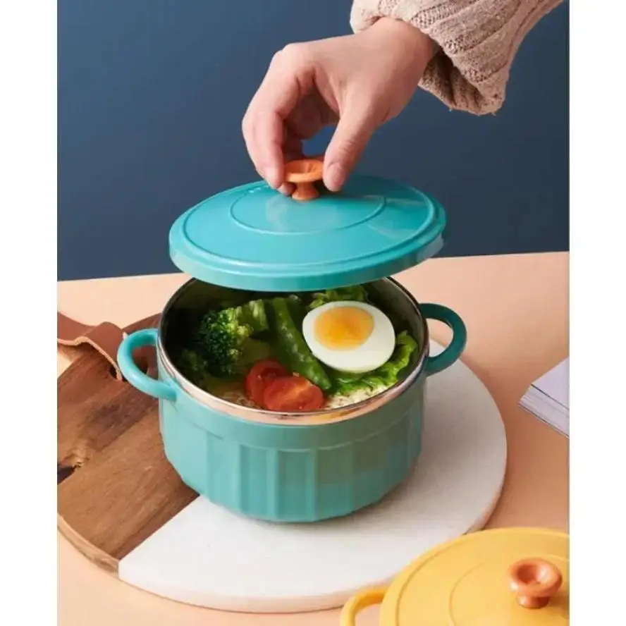 Cuenco para Fideos, olla calentable en microondas, cuenco de acero inoxidable 2024, vajilla, cuencos de sopa modernos de doble oreja con tapa, Color caramelo