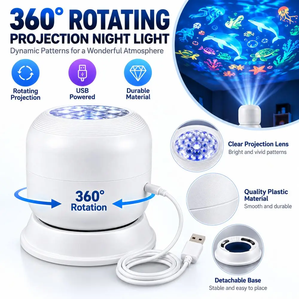 360 Degree Rotating Projection Night Light USB Powered Dynamic Lighting Ambient Lamp Plug In Design Ocean Projector Lamp