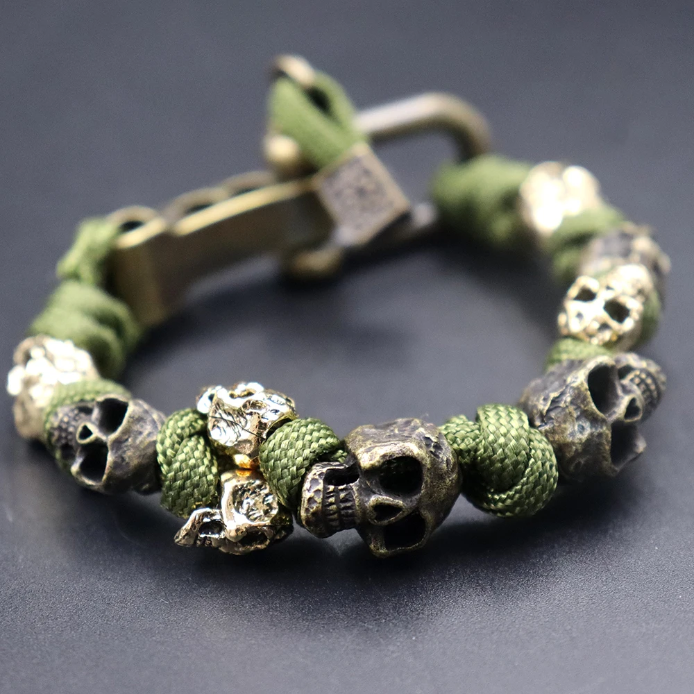 Gothic Design Skull Bracelet Vintage Adjustable Woven Survival Paracord Rope Bangles Punk Hip Hop Charm Male Jewelry Accessories