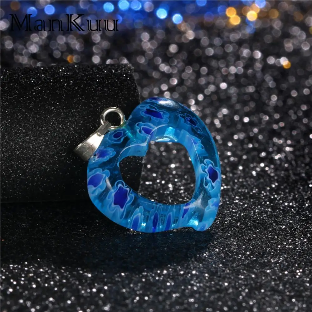 ManKuu Jewelry Accessories Women Blue Purple 20mm Flower Patterned Craft Glass Hollow Heart Shape Pendant for Necklace