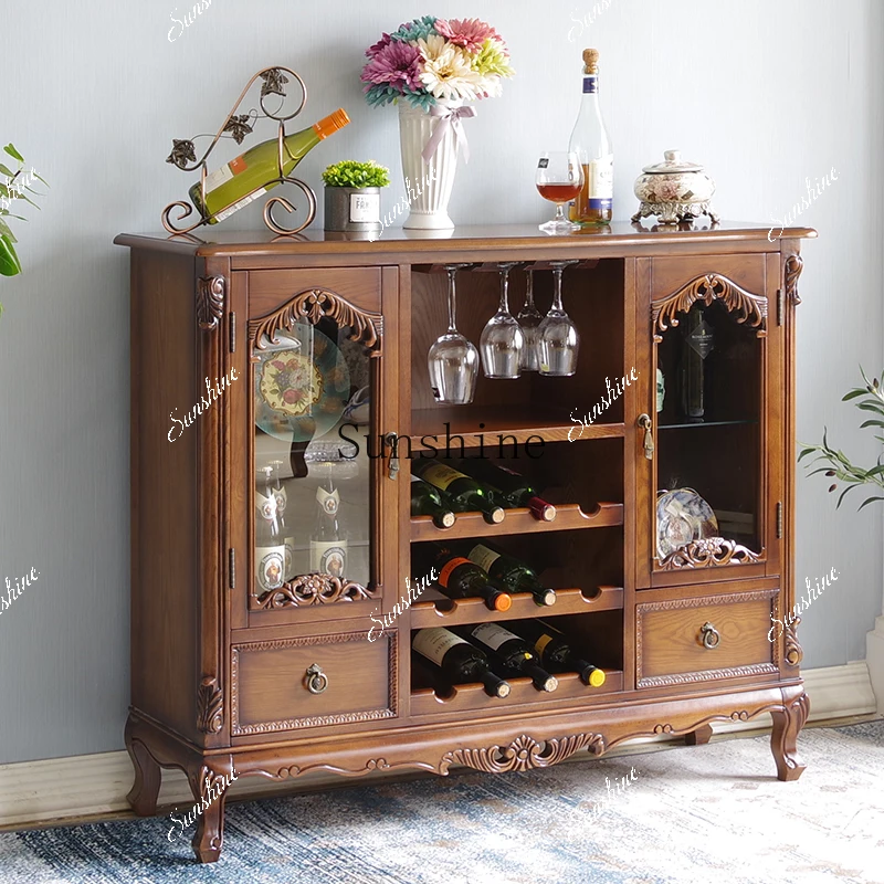 

Solid wood double door American light luxury retro carved furniture wine cabinet glass locker FT