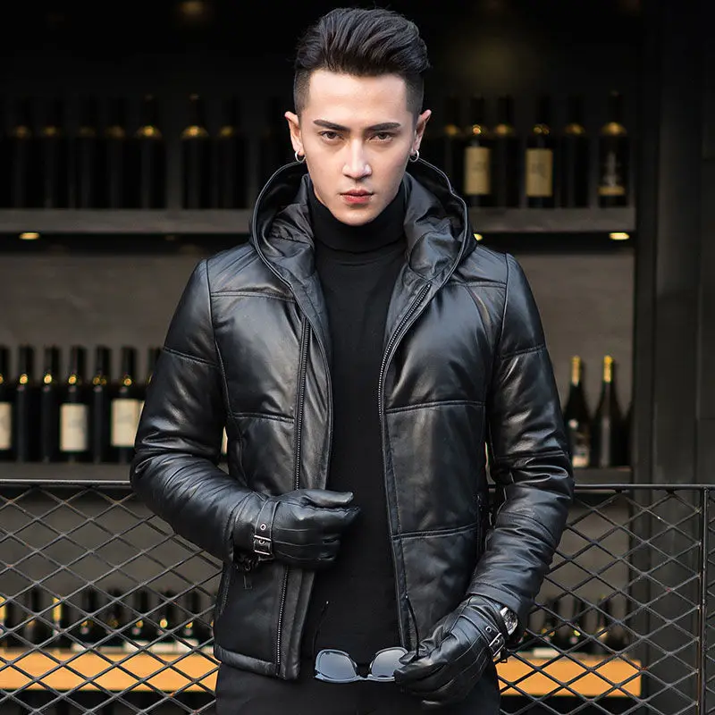 New Winter Shiny Leather Men's Thick Warm Winter Jacket Casual Parka Waterproof Down Coats Hooded Jacket Streetwear C65