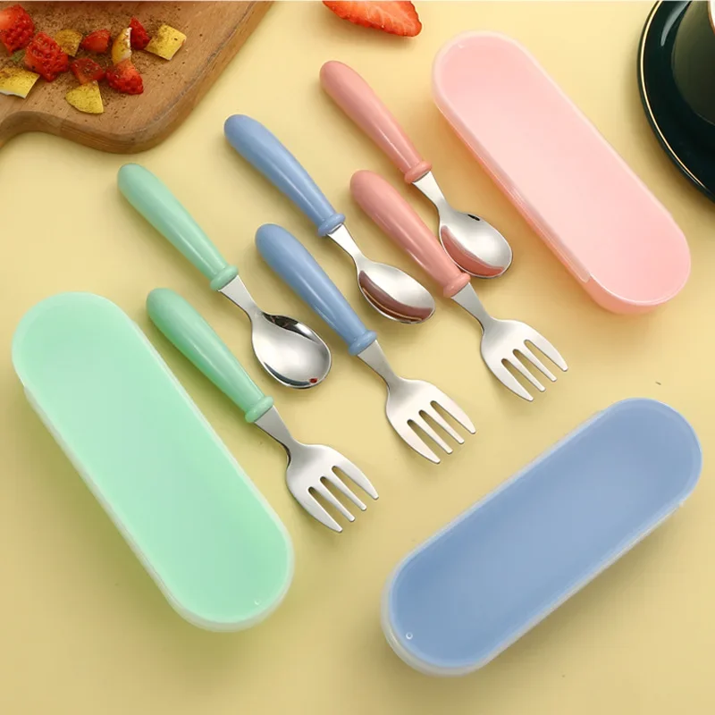 3pcs Kids Stainless Steel Cutlery Set with Portable Storage Box Baby Feeding Utensils including Spoons And Forks for Children