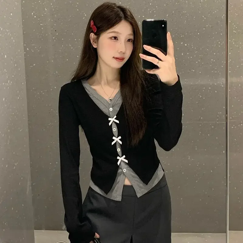 Design Sensibility Women's Autumn T-shirt Set Long Sleeve V-neck Slimming Top Sweet Waist-Fitted Bow Color Blocking Slims