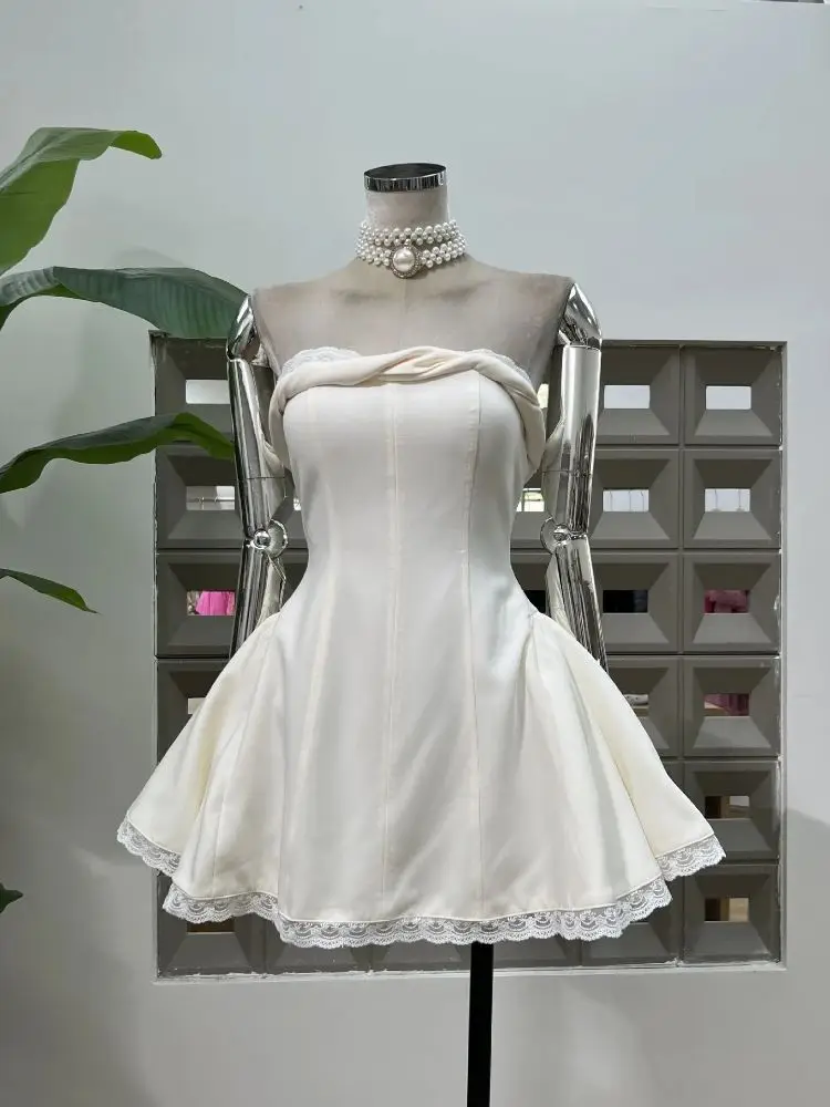 Letnia Sukienka Damska w Jednolitym Kolorze Bez Pleców Elegancka Trapezowa Bez Ramiączek Bez Rękawów Z Wysokim Stanem Szykowna Modna Nowa Gorąca Sukienka na Bal