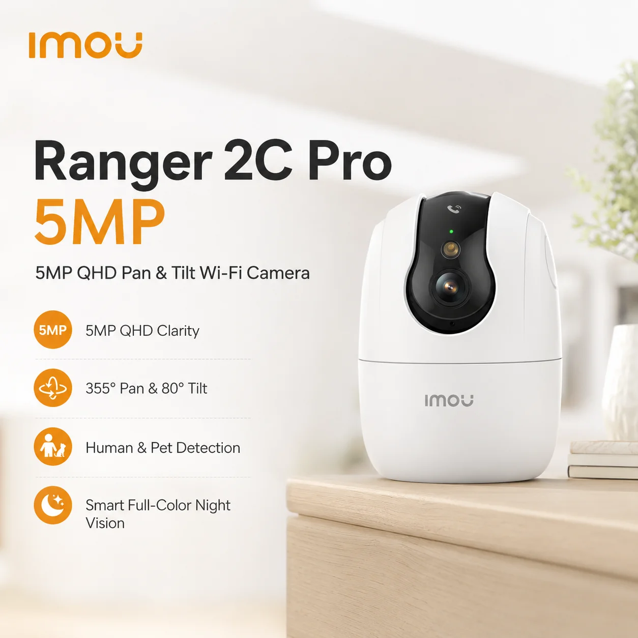 IMOU Ranger 2C Pro 5MP 3K WiFi6 Security IP Camera 360° Coverage Two-Way Talk Human Pet Detection One Touch Call Smart Tracking
