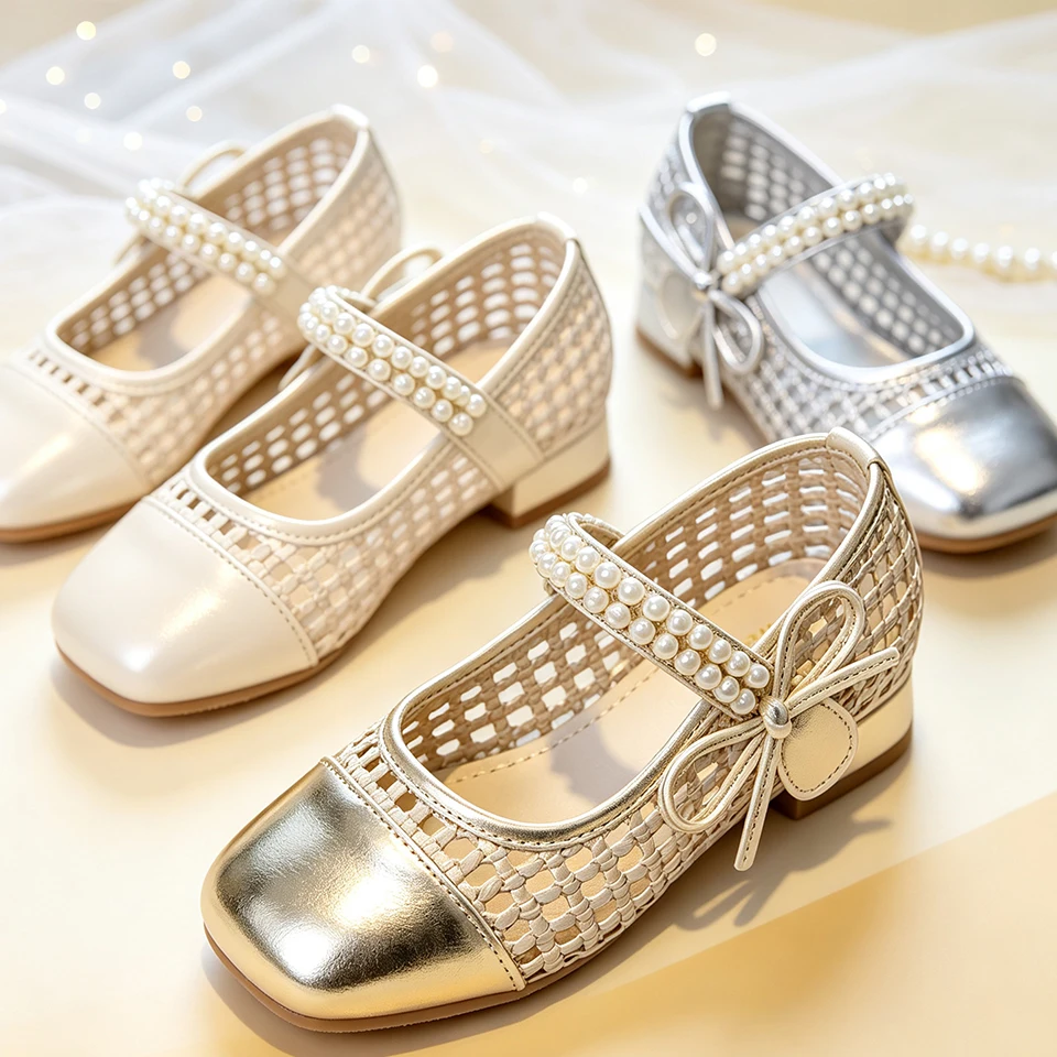Pop Hollow Girls Breathable Pearl Mary Jane Shoes Flower Girl Party Bridesmaid Birthday Pageant School Uniform Formal Occasion