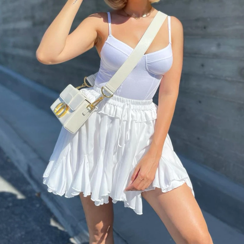 DEEPTOWN Summer White minigonna donna 2024 Ins Fashion Streetwear Casual Cute Sexy irregolare Ruffles gonna Beach Holiday Outfit