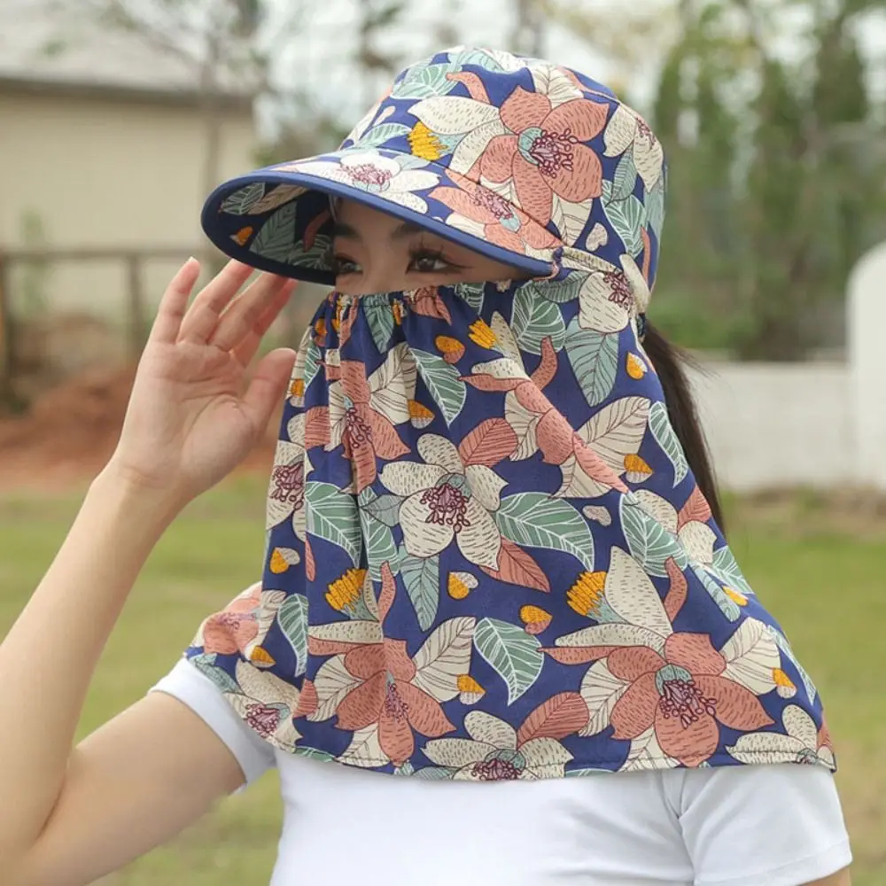 

Floral Women Sun Hat Portable Face Mask Neckline Mask Cover Face Cap Fishing Cap Wide Brim Tea Picking Hat Climbing