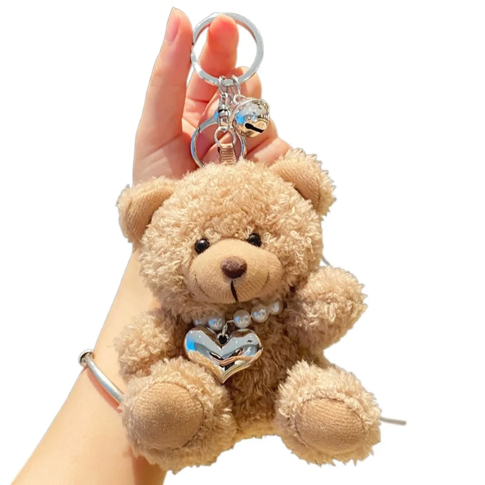 Car Key Chain Goggles Pilot Bear Keychain Bell Hanging Rope Plush Bear Key Ring Pearl Pink Stuffed Animal Pendant Men