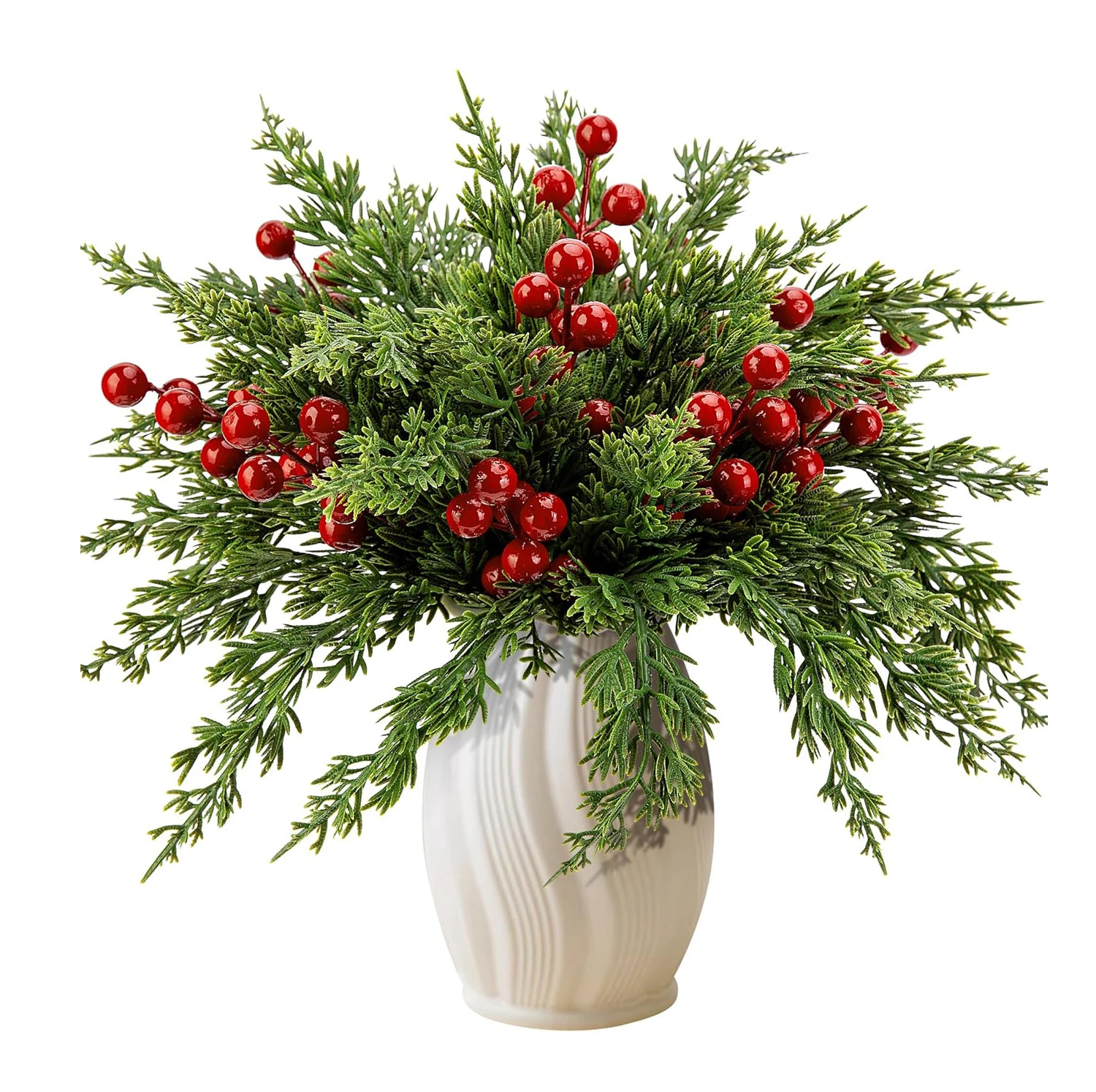 

45 Pcs Christmas Artificial Pine Branches with Red Berry Stems 10.5" Faux Evergreen Pine Cypress Leaves Stems Fake Foliage Pine