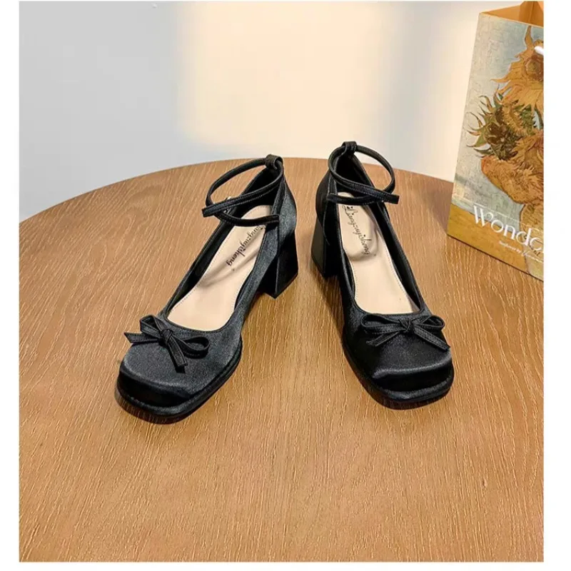 Womens Single Shoes with High Heels Square Toes Bow One Line Buckle 2025 Spring Outdoor PU Apricot/Black Fashion Low Top Shoes