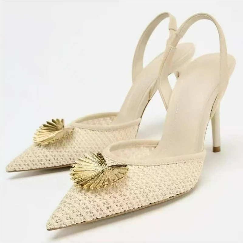 نسج شبكة مثير أشار تو مضخات النساء الصنادل زخرفة المعادن أنيقة أحذية خفيفة عالية الكعب العلامة التجارية مصمم أحذية الزفاف #3