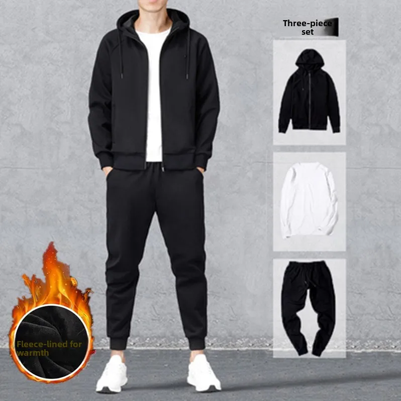 

Men's Autumn Winter Thiened Fce Lined Sports Set Casual Long Sve Hoodie And Pants Leisure Warm Outerwear Coat