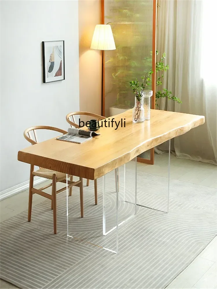 

Nordic Acrylic Solid Wood Dining Table Transparent Leg Log Large Board Table Creative Designer Desk