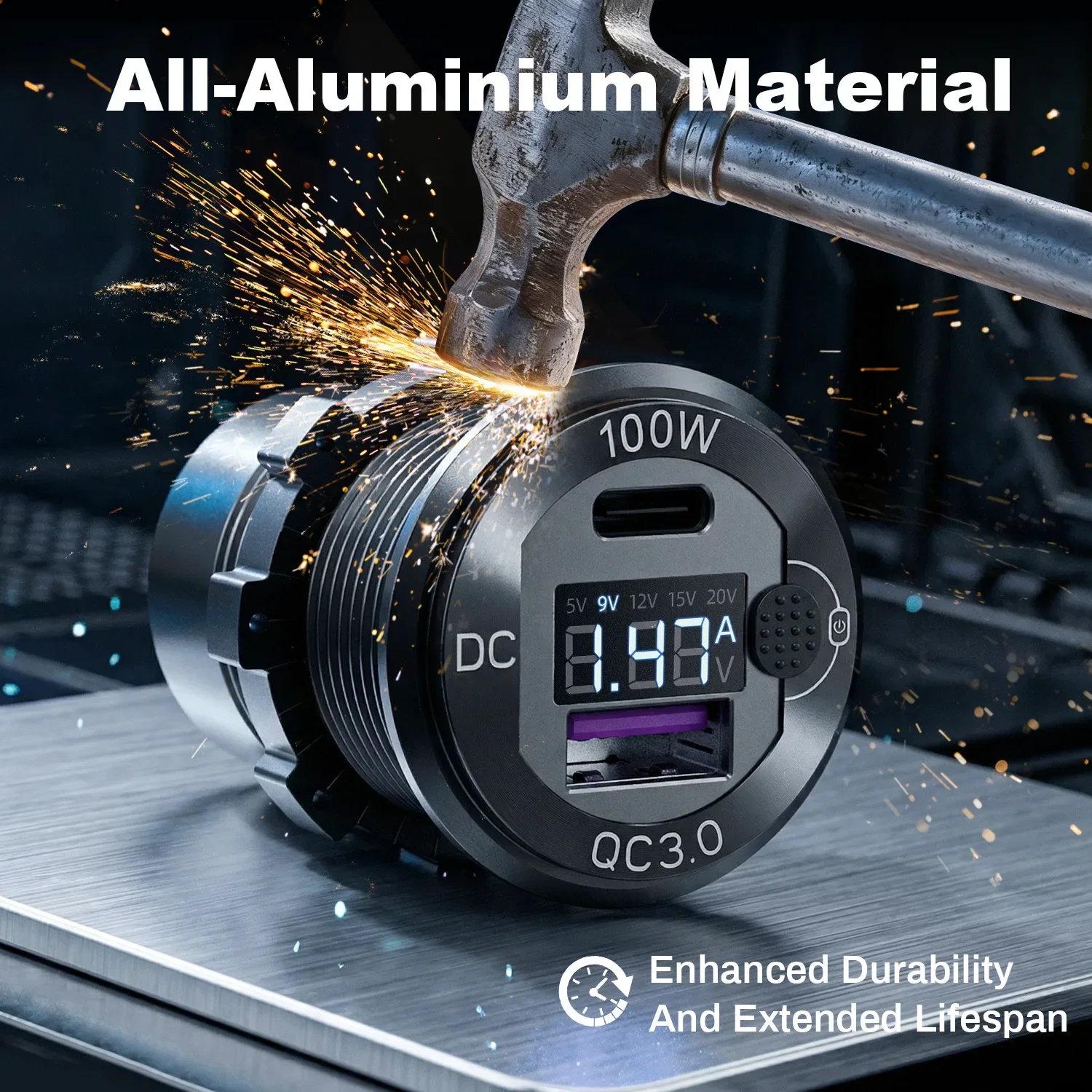12V USB-Ausgang Aluminium-Autoladegerät PD3.0-Anschluss für Laptops Schnellladung 3.0 USB-Anschluss Wasserdicht mit Voltmeter für Wohnmobil, Boot, Bus – Detail 13