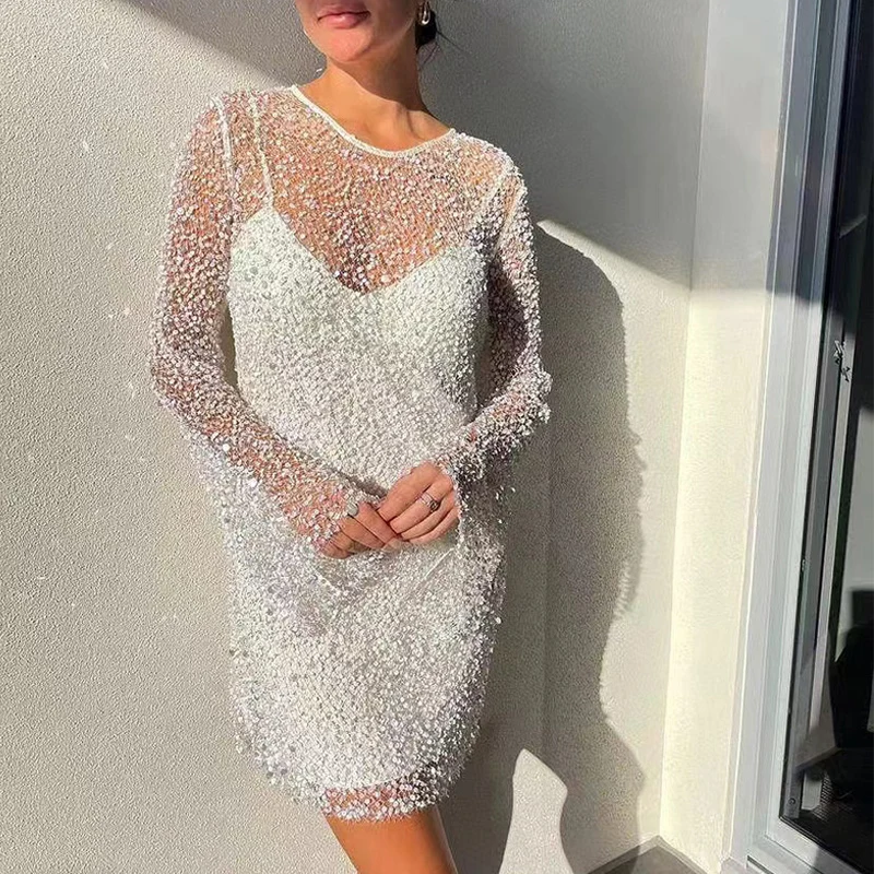 Vrouwen Elegante Splicing Solid Veelzijdige Jurk Chic O-hals Pailletten Holle Jurk Mode Jarretel Party Temperament Mini Jurken