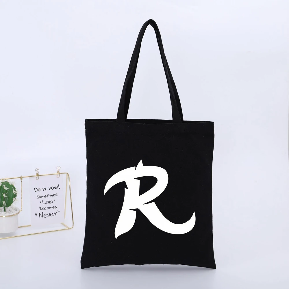 Letter Print Black Canvas Tote Bag, Streetwear Style for Daily Shopping and Casual Outings