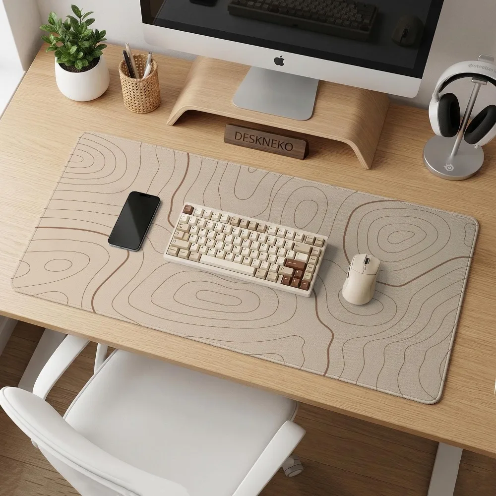 Beige Topographic Desk Mat, Neutral Line Deskmat Mousepad, Extended Keyboard Mouse Pad Teclado Mecânico PC Accessories