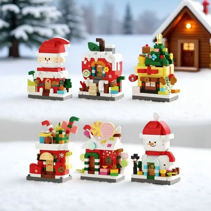 6pcs Set Santa Claus Wishing Tree Socks House Building Blocks,DIY Home Decoration Assembly Toys,For Children Christmas Gifts