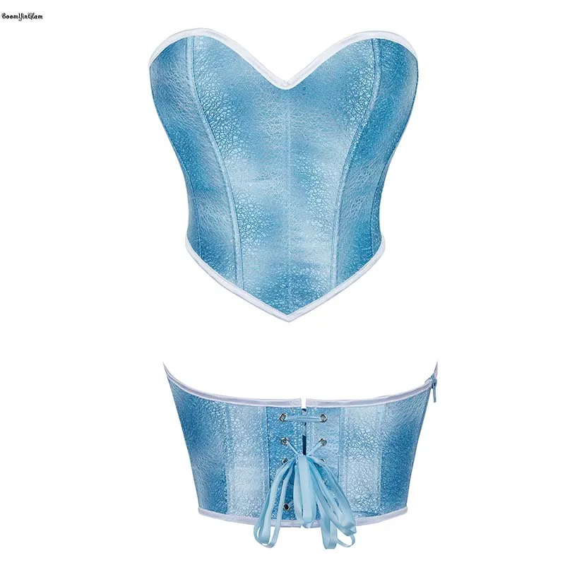 

Y2K Zipper Adjustable Lace Tight Bustier 12 Fishbones Supported Women's Lace Up Blue Leather Corset Top With Zip