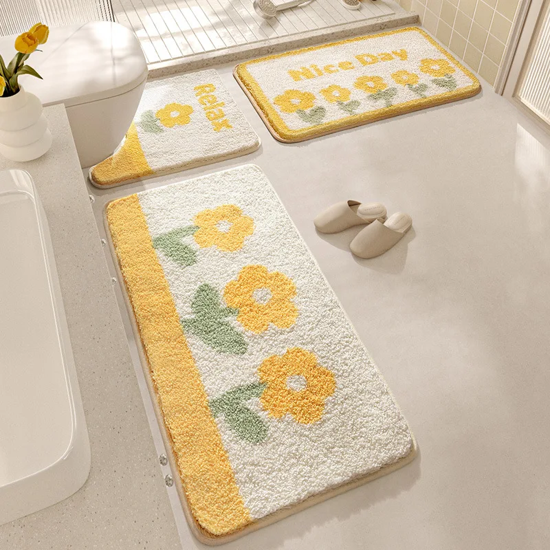 Yellow Flower Bath Mat Set Thick Flocking Microfiber Bathroom Carpet Toilet Foot Mat Non-slip Water Absorbent Rug Doormat