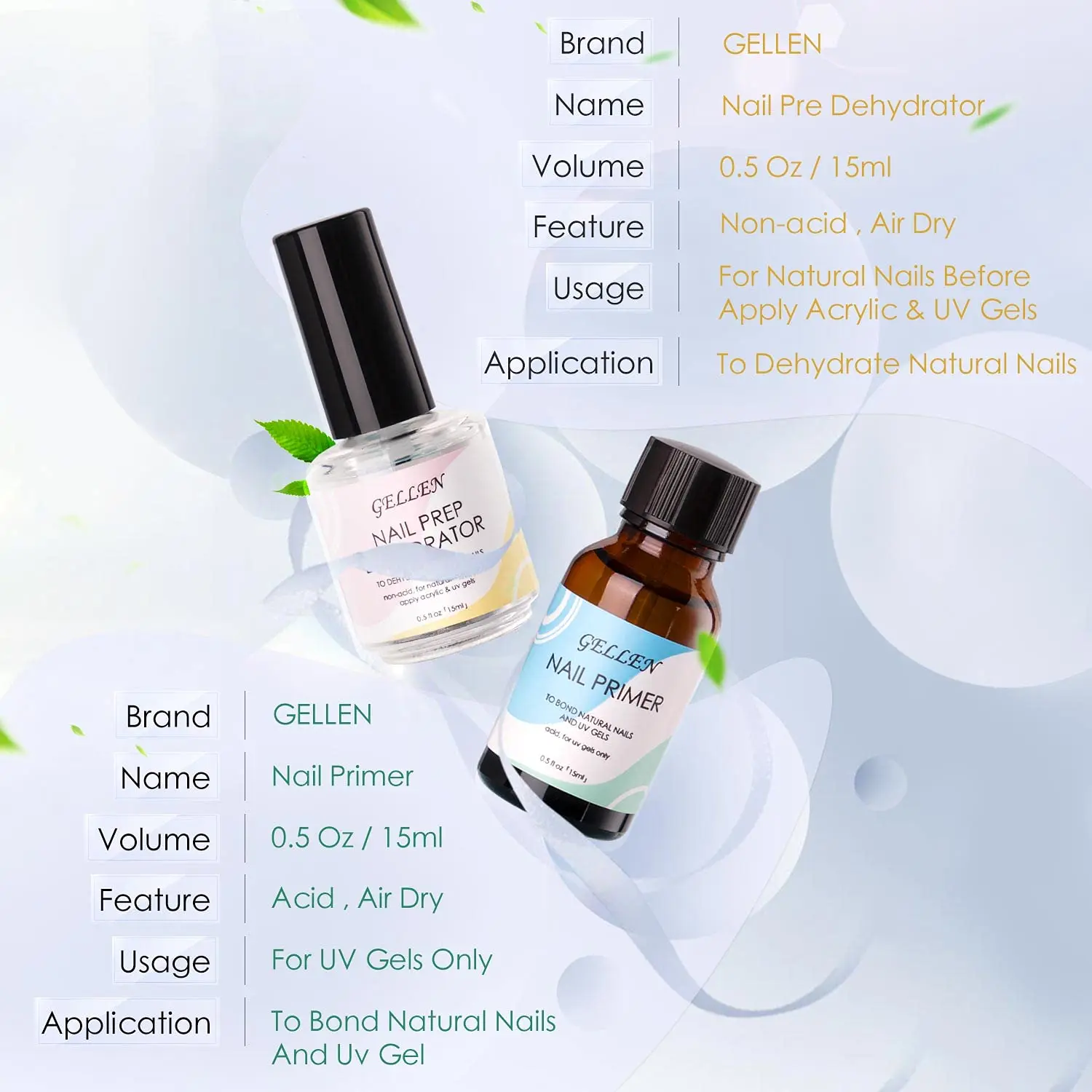 GELLEN-deshidratador de imprimación y preparación para uñas, 15ml, Kit de 2 uds., polvo acrílico, suministros para uñas, unión de esmalte seco al aire de larga duración