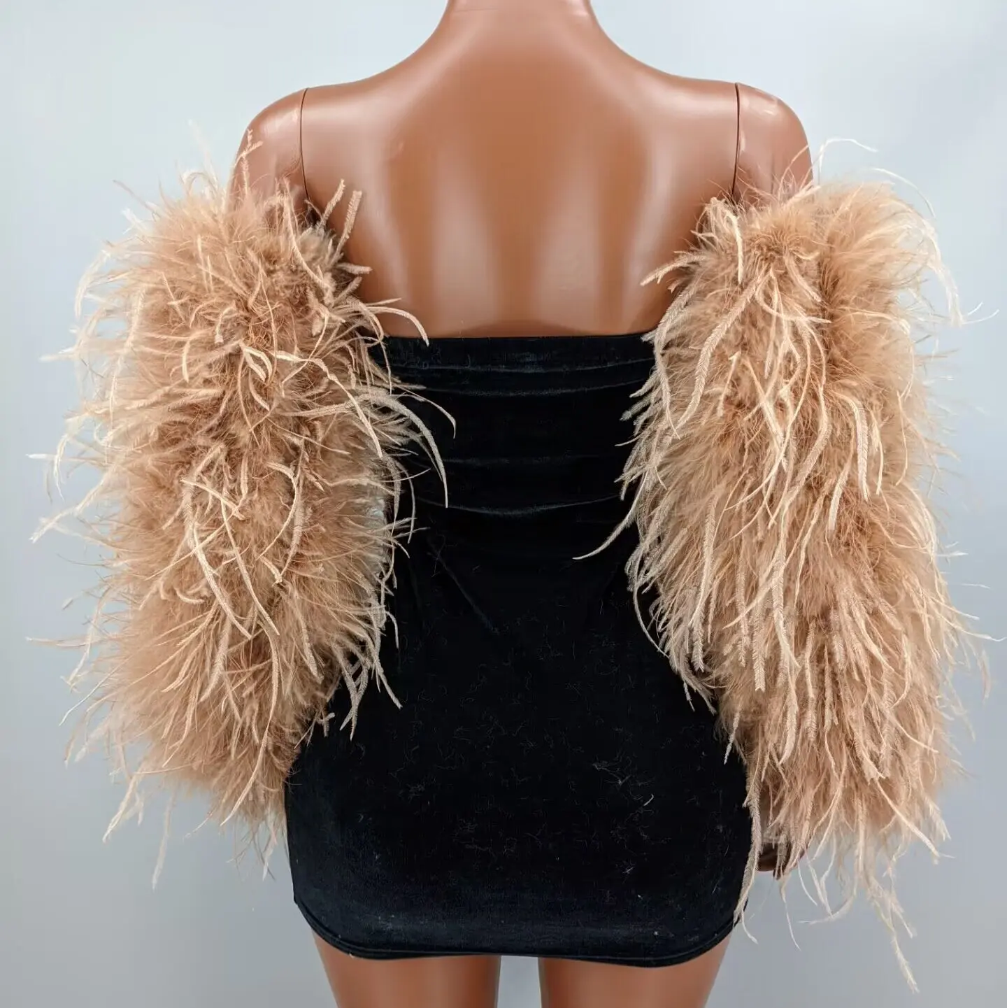 Women Camel Real Ostrich Feather Long Sleeve Cuffs Fluffy Arm Covers Wedding Party Evening Gown Matching Accessories 23A0401