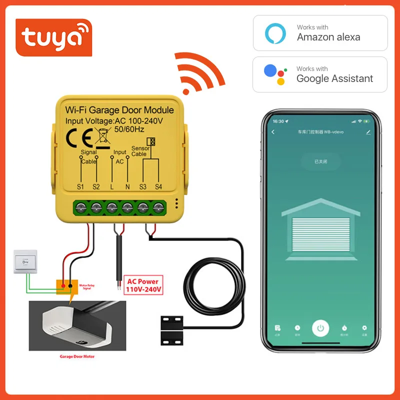 Tuya Intelligent Garage Door Switch Module, Wifi 100-240v Door Opening Controller, Alexa Google Family Assistant Voice Control