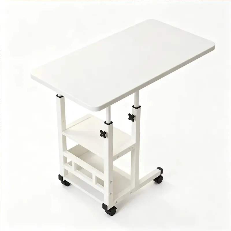 Adjustable Height C Shaped Mobile Side Table with 360 Degree Silent Rotating Casters and Brake Lock Wooden Metal Laptop Desk