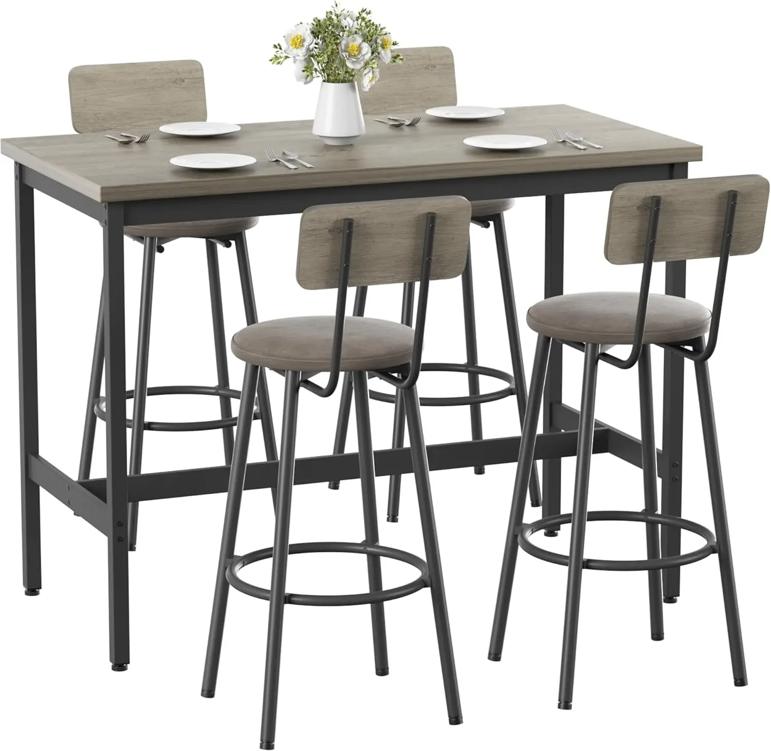 

47.2 in Long Bar Table Set with 4 PU Leather Bar Stools, Dining Table and Chair Sets, Industrial Tall Coffee Table and Back Chai