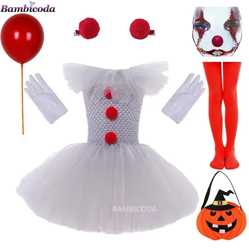 RT01 Fancy Gray Joker Dress Pennywise Tutu Dress Creepy Clown Kids Carnival Party Cosplay Clothing Children Halloween Girls &Gf1