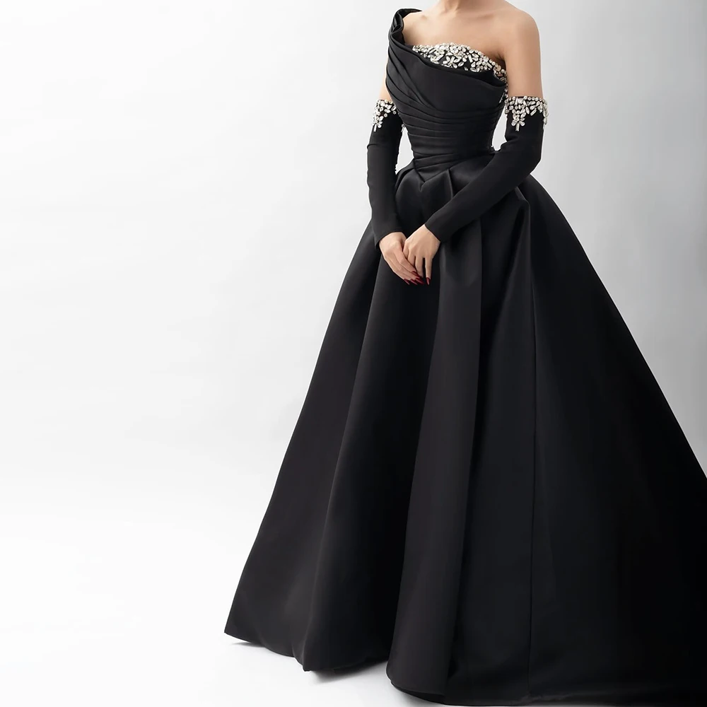 Elegant Party Dresses Woman 2024 One Shoulder Detachable Satin Sleeve Crystal A-Line Sweep Train Pleats Classic Celebrity Dubai