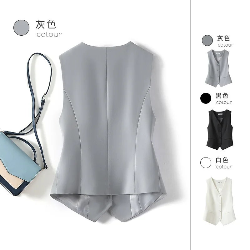 #0723 Black Gray White Short Blazer Vest Women Single Breasted Office Vest Coat Thin Short Vest Female Outerwear Spring Summer