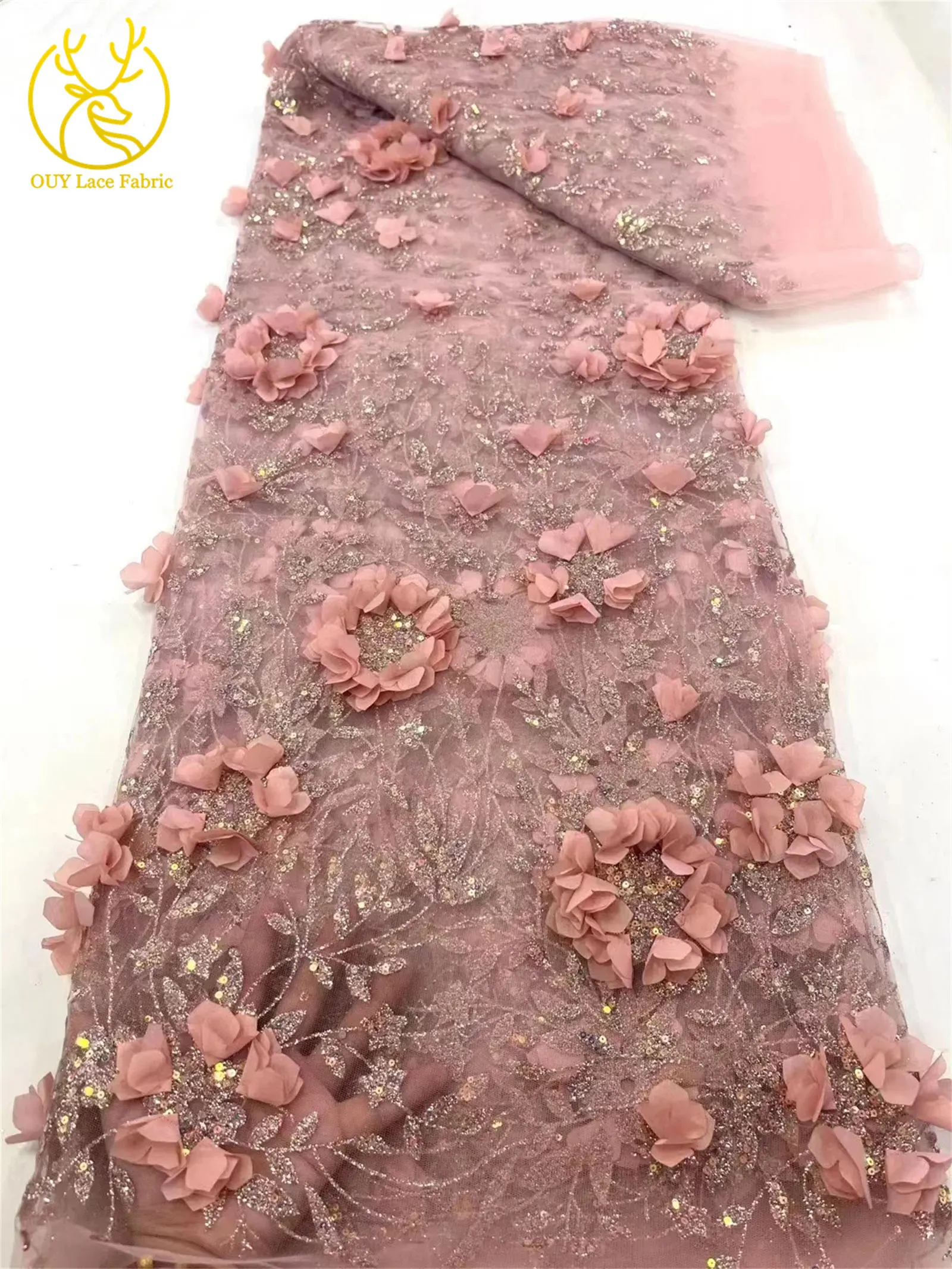 3D Blumen-Pailletten-Spitzenstoff 2026 Hochwertiger Französischer Nigerianischer Klebe-Pailletten-Spitzenstoff für Party-Hochzeitskleider Abendkleider – Detail 11