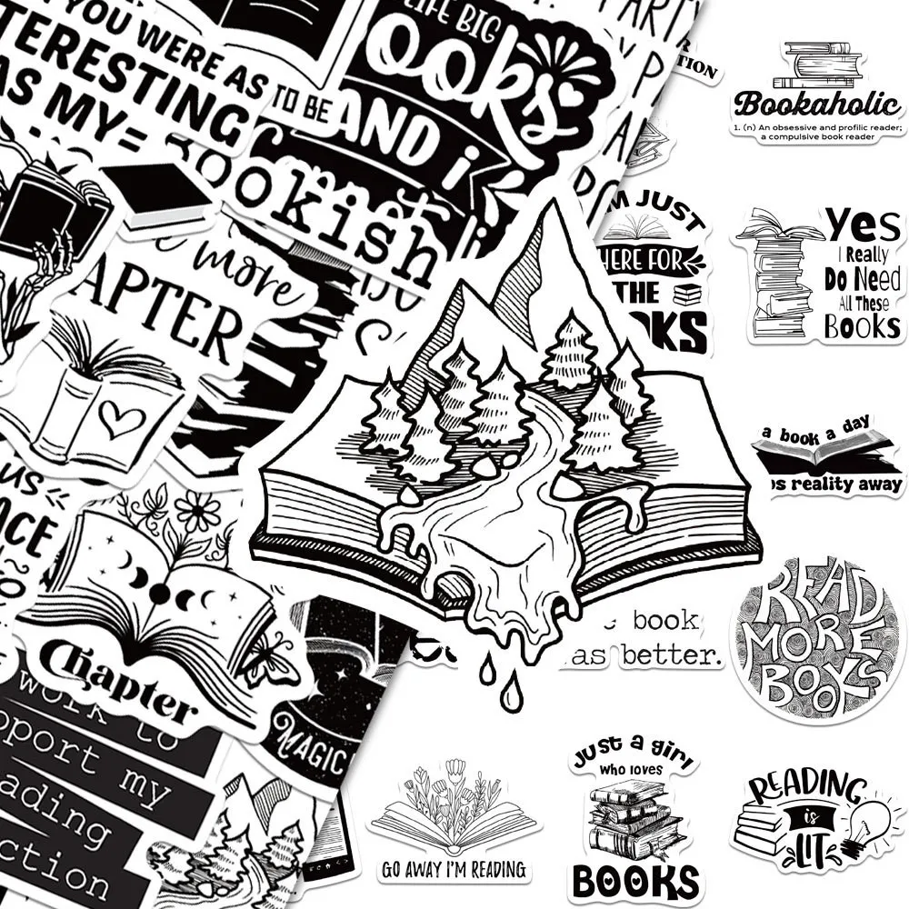 54PCS Black & White Book Stickers - INS Style Simple Painted Art with Text Graffiti for Decor RecordingYourLife Store