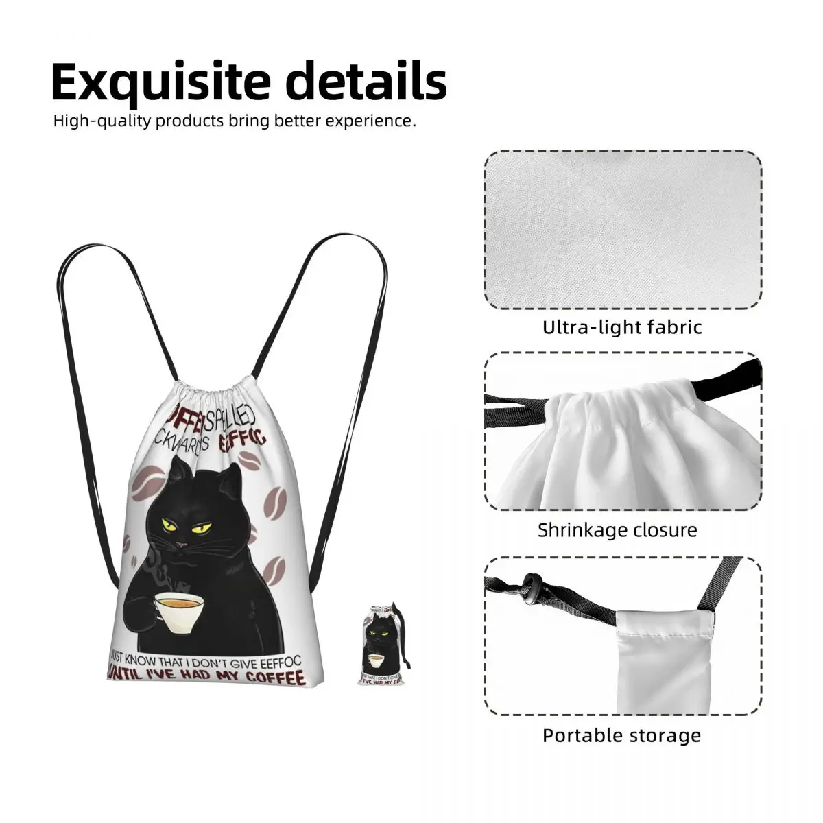 Cat Befor Coffee I Hate Everyone,After Coffee I Feel Good Drawstring Backpack hiking cycling Bag Portable Travel Drawstring Bag