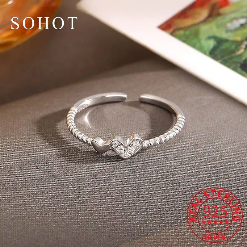 

Real 925 Sterling Silver Exquisite Heart Zircon Opening Ring for Charm Women Cute Fine Jewelry Light Luxury Accessories