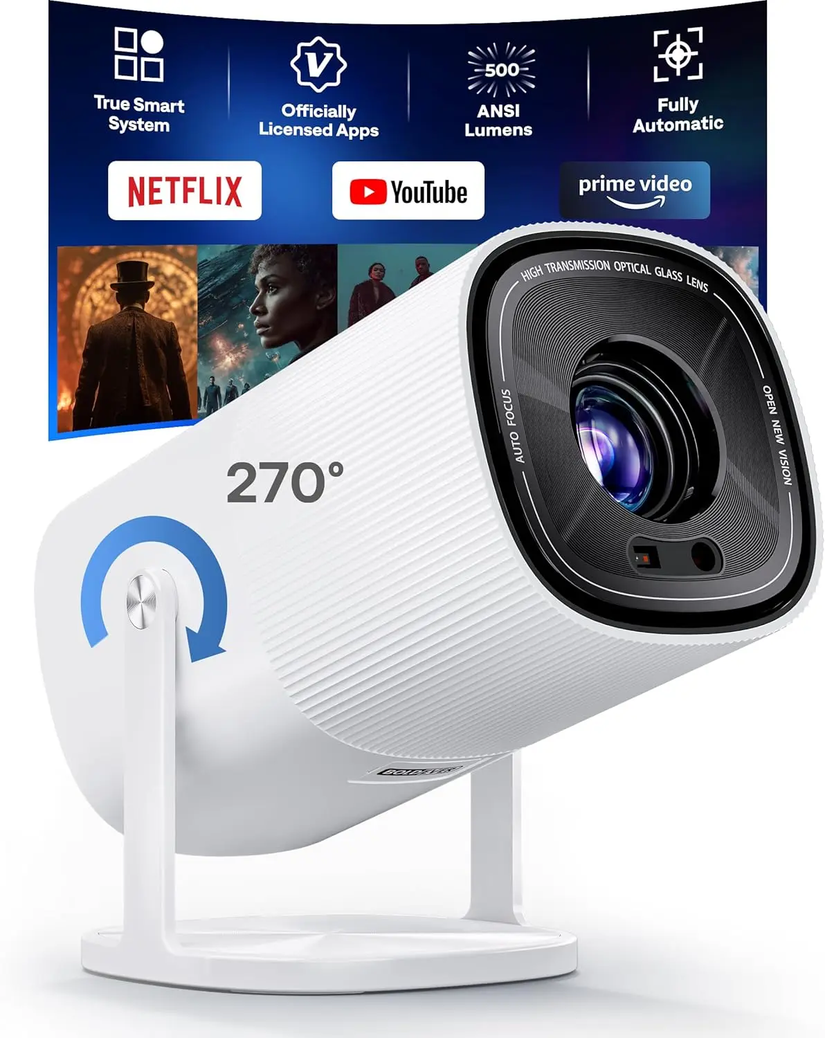 

Smart 1080P Projector with WiFi & Bluetooth, 500 ANSI Lumens, Auto Focus, Rotatable Stand for Indoor Outdoor Movies