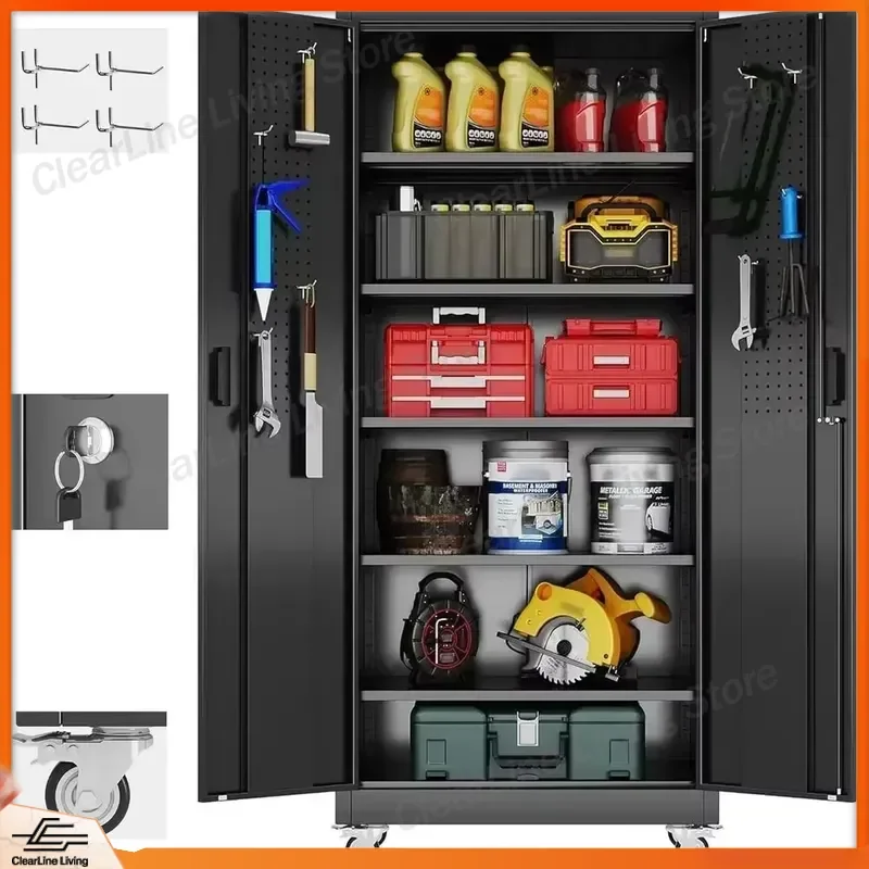 Pegboard with 5 Adjustable Shelves Black Lockable Metal Garage Storage Cabinet with Door Requires Assembly