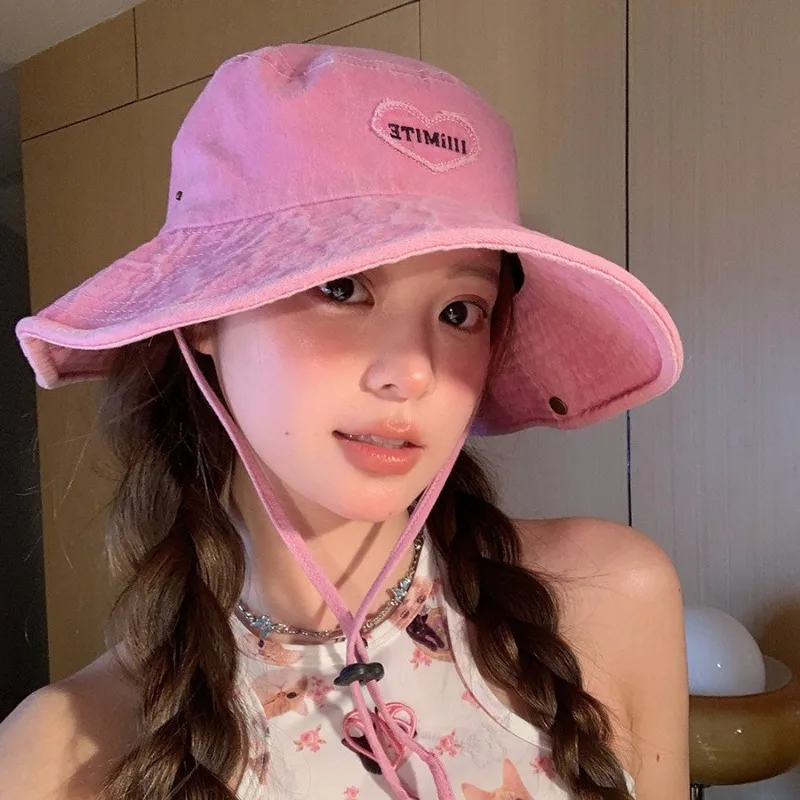 Japanese Denim Washed Cotton Love Alpine Hat Women\'s Spring and Summer Outdoor Hiking Shading Sun Protection Lace-up Bucket Cap