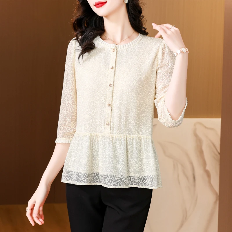 2024 Summer New O-neck Silk Short sleeved Shirt for Women\'s Middle aged High Grade Loose Large Size Lace Spliced T-shirt