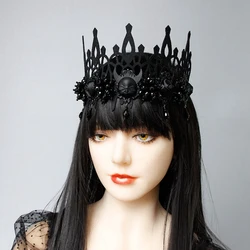 Black Headband Halloween Party Props Death Demon Witch Head Crown with Beaded Tassel Headdress Hair Accessories Headwear