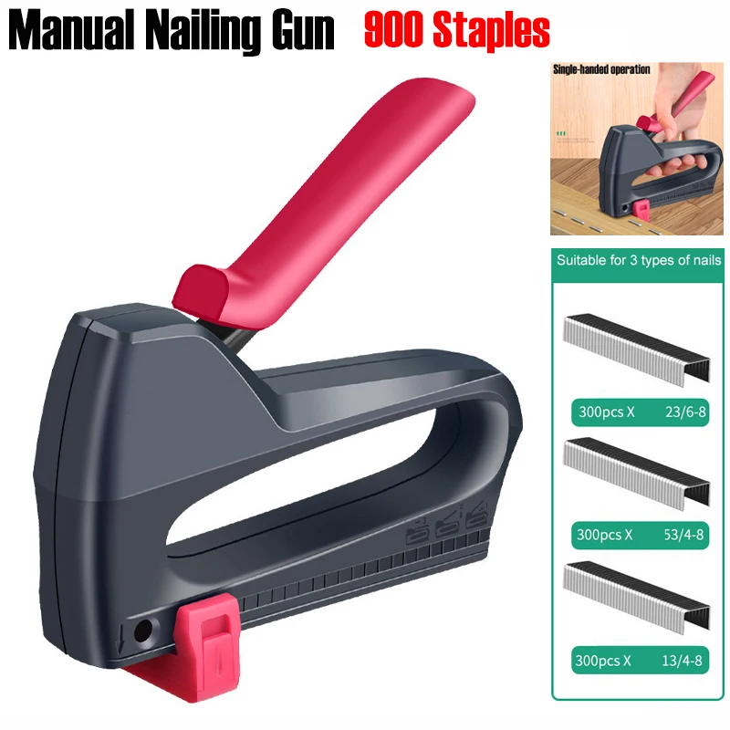 Manual Nailing Gun Construction Stapler With 900 PCS Staple Wood Furniture Bookbinding Machine Woodworking DIY Hand Tools