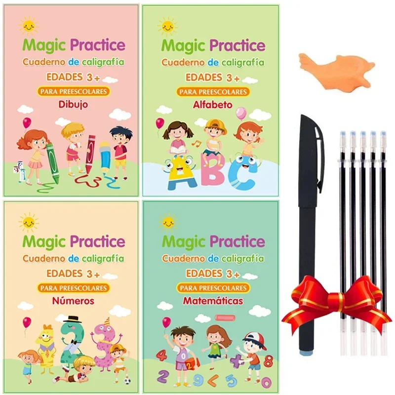 4 Books Copybooks Pen Magic Copy Book Free Wiping Writing Sticker Practice for Calligraphy Kids Learning Books Grooves Design