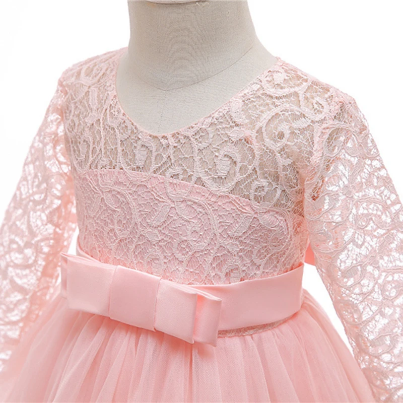 PLBBFZ Christmas Girl Flower Long Sleeve Bridesmaid Dress Kids Wedding Vestido First Communion Clothes Pageant Evening Ball Gown