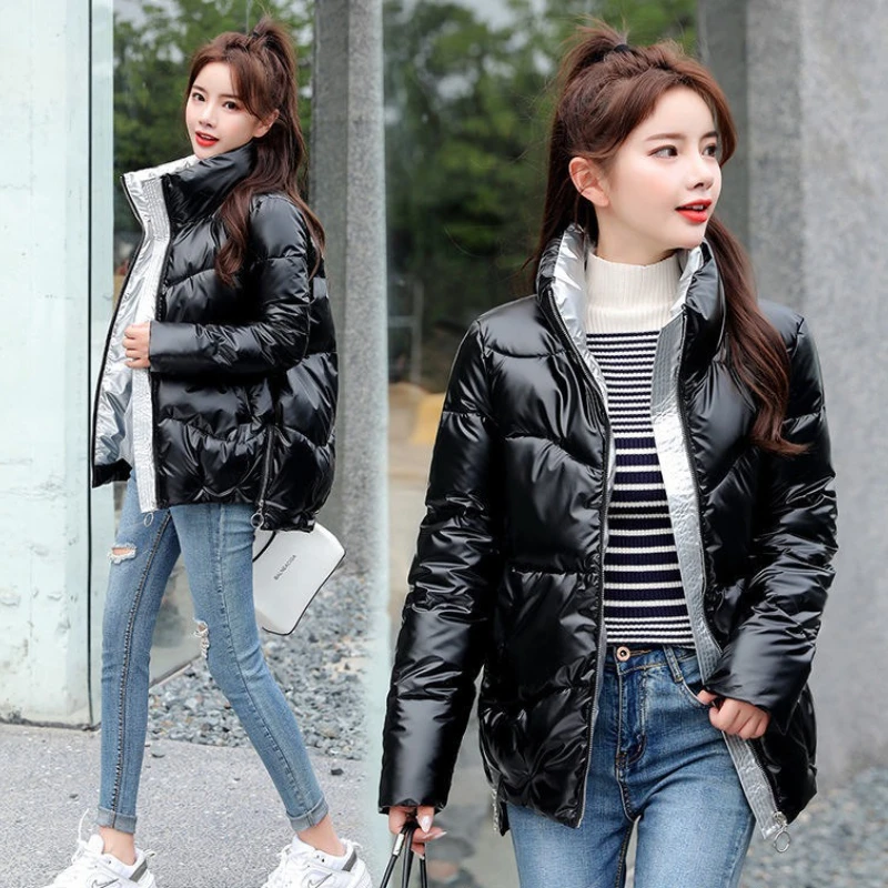 Glanzende katoenen gewatteerde kleding voor dames winter 2022, nieuwe grote, heldere lederen korte broodjas, comfortabele mode