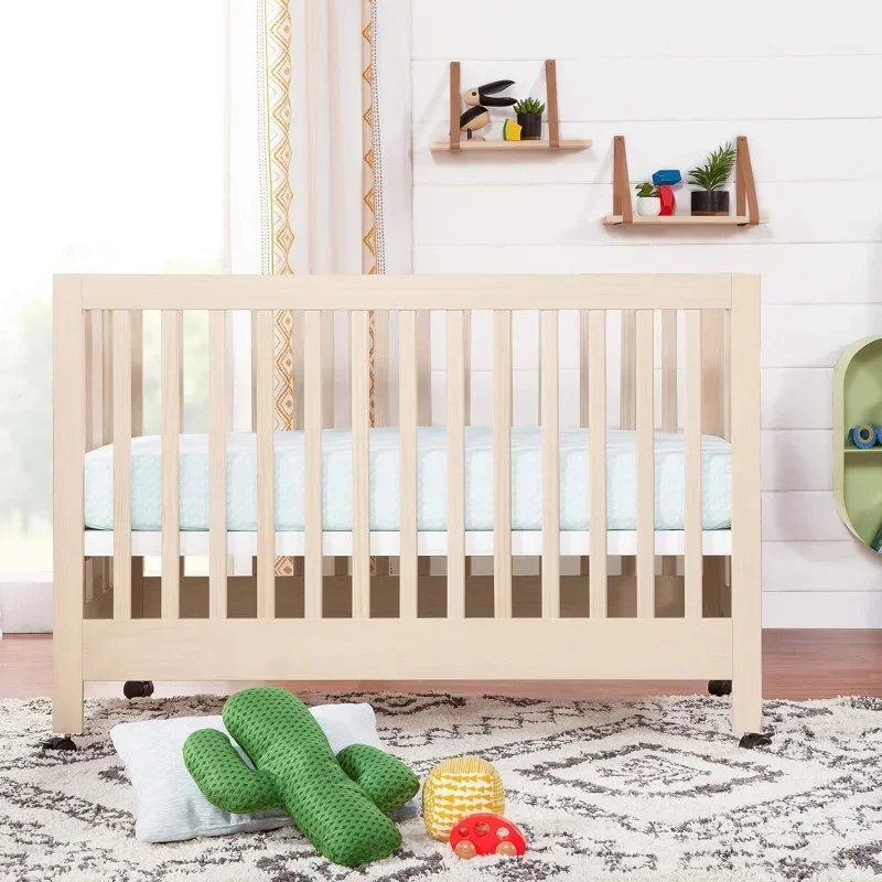 Full-Size 2-in-1 Portable Folding Crib with Toddler Bed Conversion Kit in Washed Natural